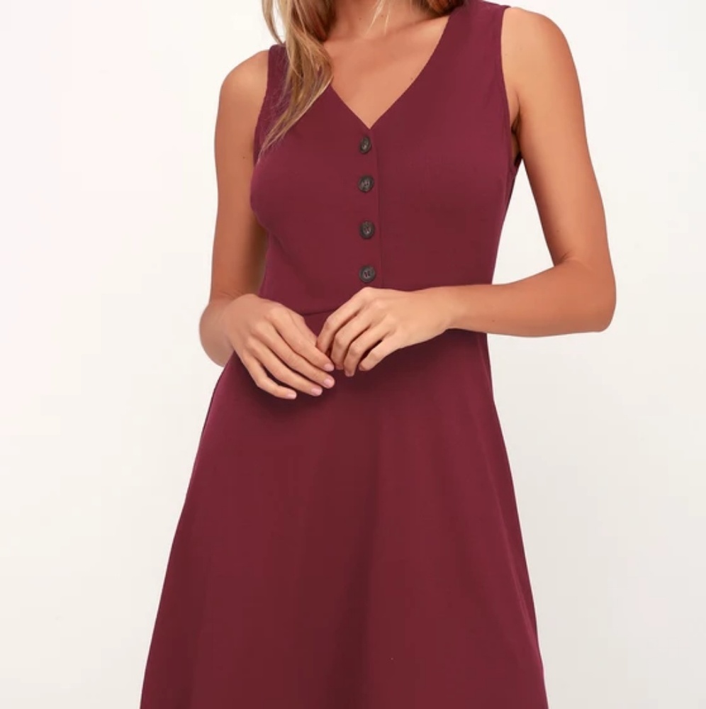 NWOT Lulus BURGUNDY BUTTON-UP RIBBED SKATER DRESS